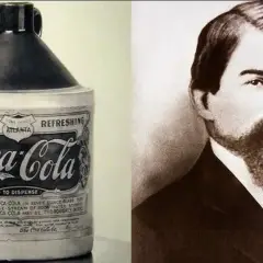 Botella antigua de Coca-Cola y retrato de John Pemberton.