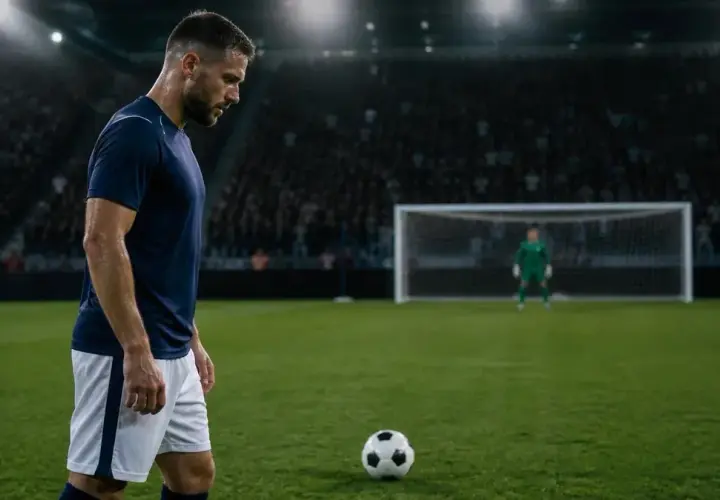 Futbolista concentrado antes de lanzar un penalti decisivo