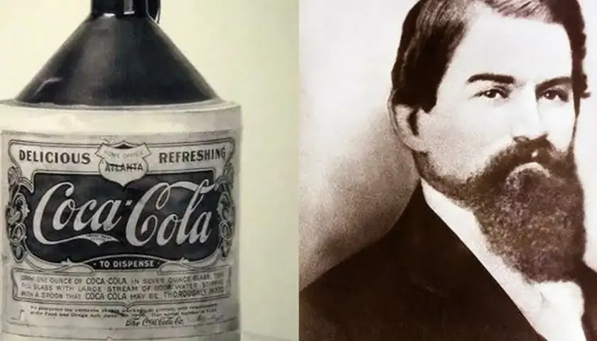 Botella antigua de Coca-Cola y retrato de John Pemberton.